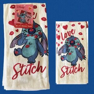 Disney Stitch Kitchen Towel Set of 2 Love Hearts Kisses White Red 16x26 Cotton